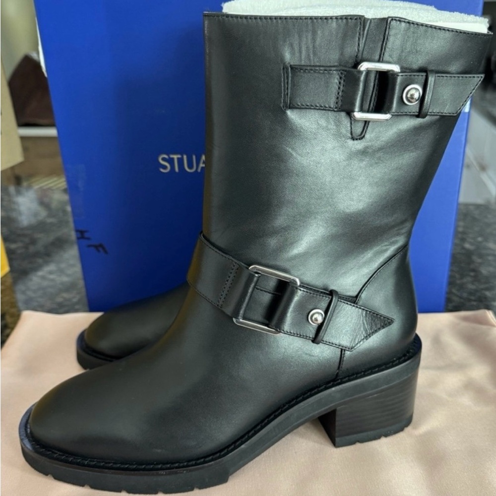 Stuart Weitzman Black Heeled Boots with Buckle Detail. Biker Boot